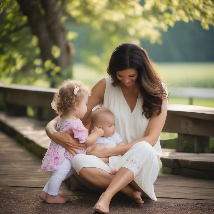 Mother holding baby, smiling calmly in a serene environment.
