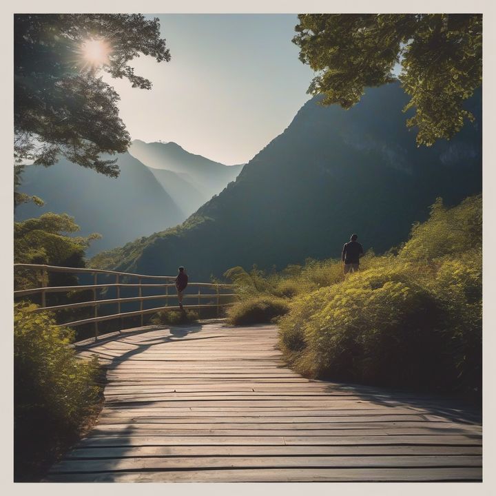 Person looking upwards with determined expression, surrounded by city scenery.