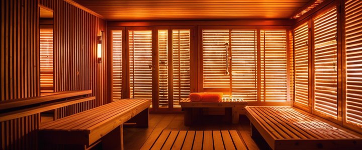 Person relaxing in an infrared sauna, eyes closed, surrounded by dim lighting.