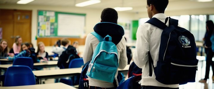 Smiling students holding backpacks on first day of school.