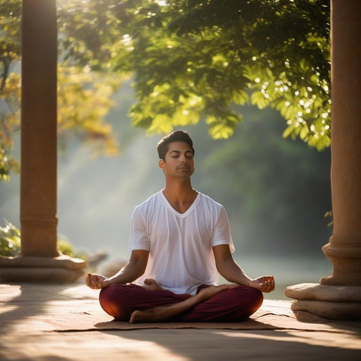 Woman meditating on a couch with a calm morning background.