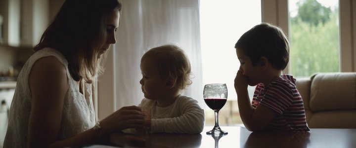 Woman sitting alone, reflecting with a glass of wine nearby.