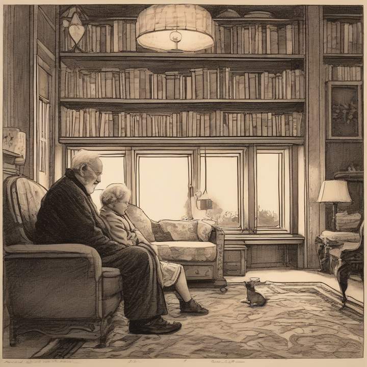 Elderly man smiling, surrounded by family and nostalgic items.