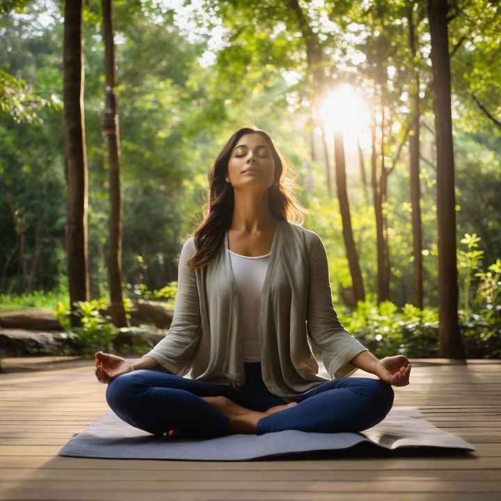 Person meditating with vibrational frequency chart in background.