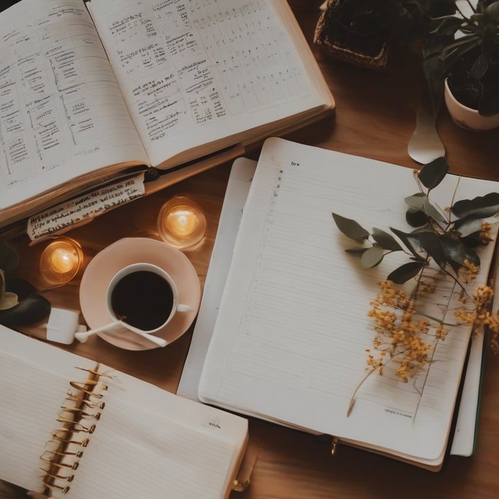 Person writing in a journal with a pen and quotes nearby.
