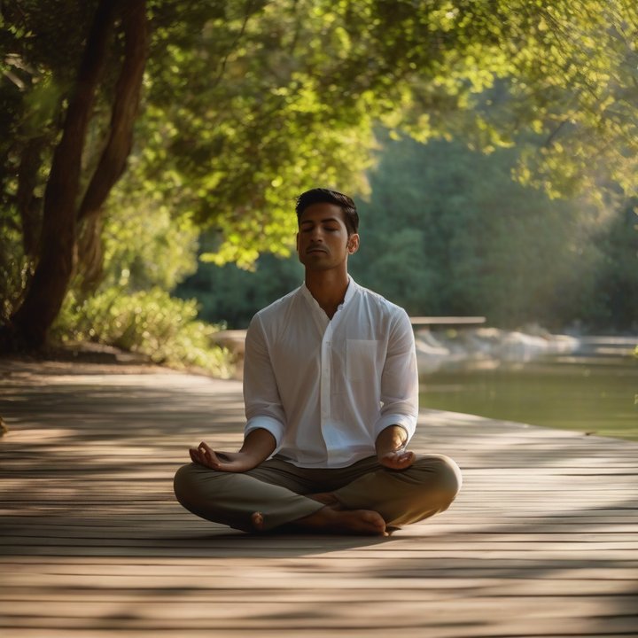 Woman meditating with emotional frequency chart in background.