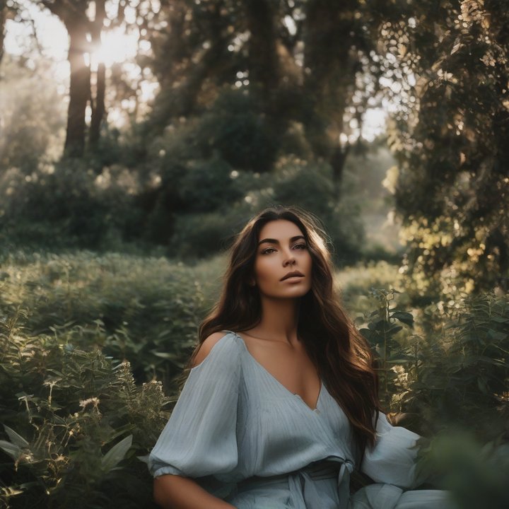 Woman meditating with eyes closed, surrounded by calming nature scenery.