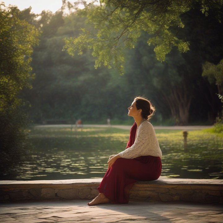 Woman sitting alone, reflecting with a journal and cup of coffee nearby.