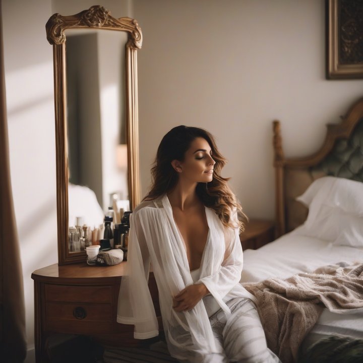Woman standing in front of closet, smiling, surrounded by clothes.