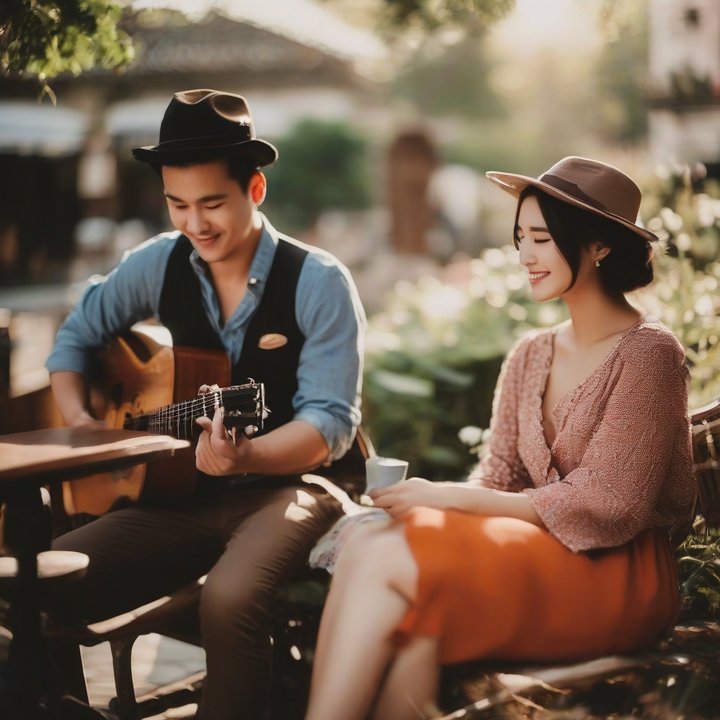 Couple holding hands, smiling, in a romantic outdoor setting.
