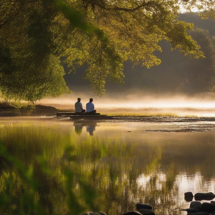 Person meditating in a serene outdoor environment at sunrise.