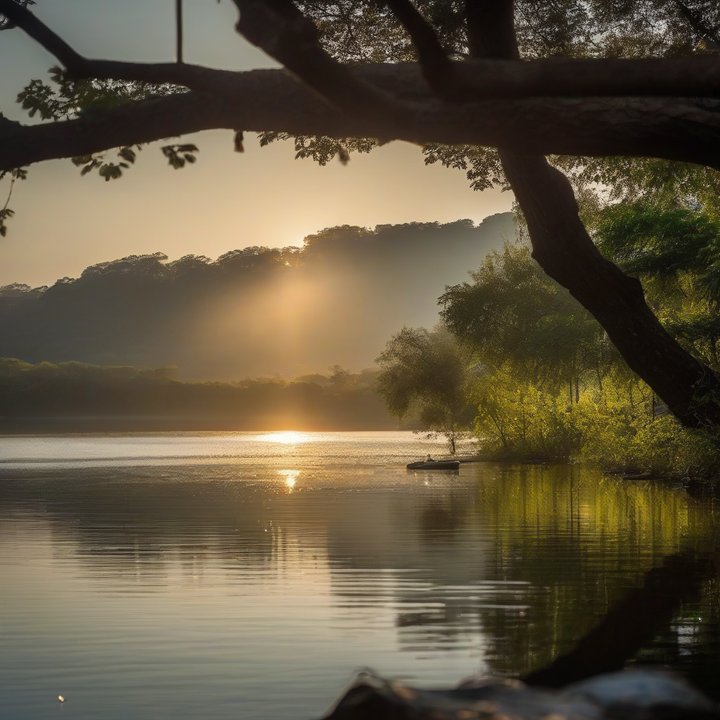 Person meditating outdoors at sunrise with eyes closed in calm nature setting