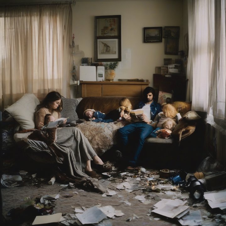 Person sitting alone, looking upset, surrounded by family members arguing.