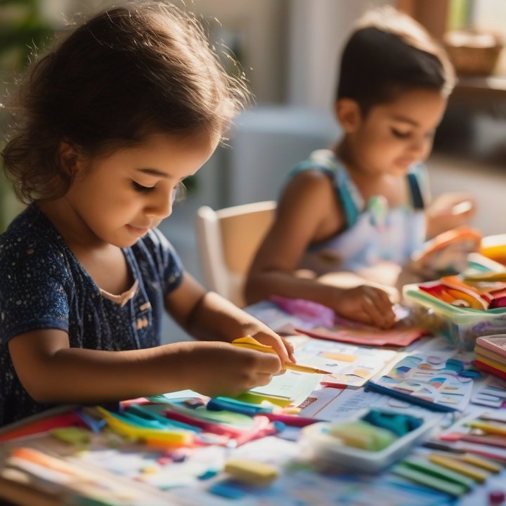 Child creating DIY educational craft at home with colorful materials nearby