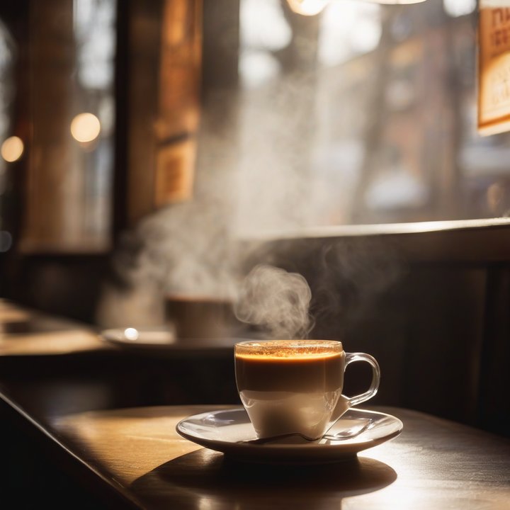 Coffee cup with steam rising, surrounded by quotes on a wooden table.