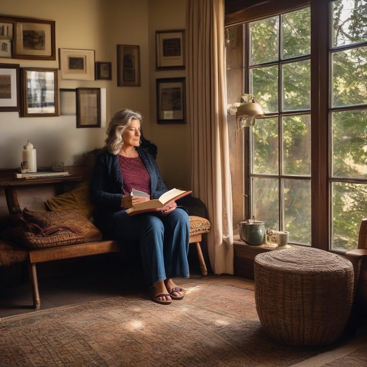 Woman writing in journal with thoughtful expression, surrounded by coffee and books.